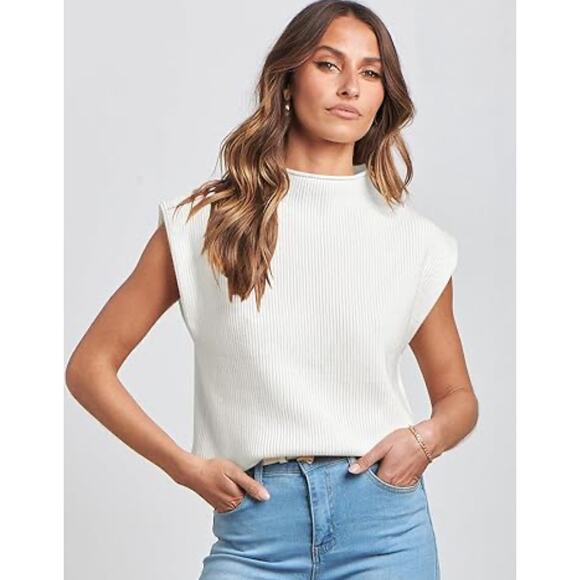 Caracilia White Knit Sleeveless Sweater, Layering Vest, Ribbed Mock Neck Top XL - Picture 5 of 8